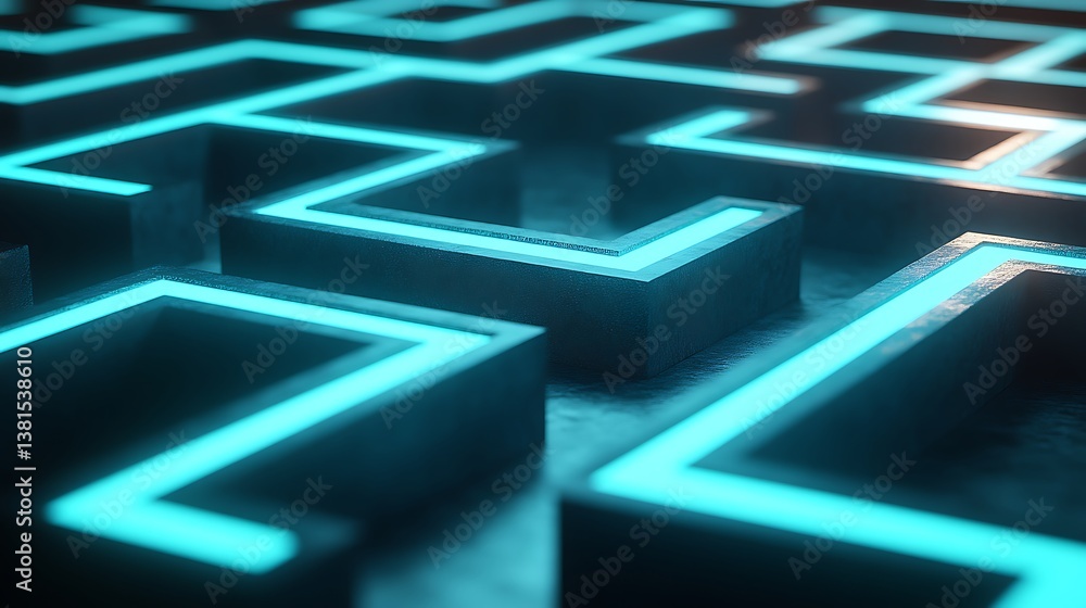 Poster an illuminated maze showcasing glowing blue pathways within a structure
