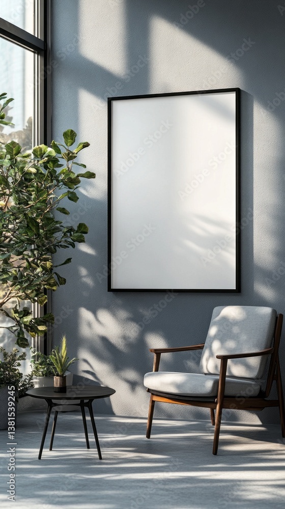 Poster sunlight pours through large windows, casting soft shadows in a tranquil corner featuring a cozy cha