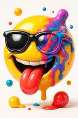 Freches 3D-Emoji mit Sonnenbrille, herausgestreckter Zunge und bunten Farbspritzern auf weißem Hintergrund