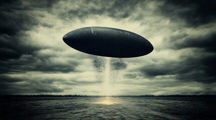 Obraz premium A dark flying craft hovers over a desolate and ominous landscape