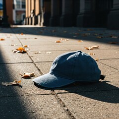 A cap left on the sidewalk on an autumn day.