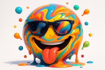 Freches 3D-Emoji mit Sonnenbrille, herausgestreckter Zunge und bunten Farbspritzern auf weißem Hintergrund