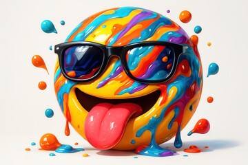 Freches 3D-Emoji mit Sonnenbrille, herausgestreckter Zunge und bunten Farbspritzern auf weißem Hintergrund