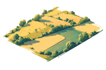 Isometric terrain of plain with yellow wheat fields. Illustration isolated on transparent background. Geographical concept. Clipart for game asset, infographic, and educational material.   