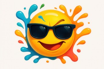 Cooles 3D-Emoji mit Sonnenbrille und bunten Farbspritzern im Cartoon-Stil auf weißem Hintergrund