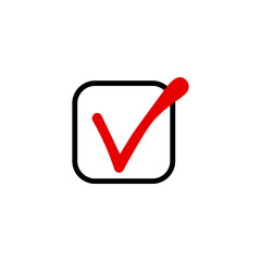 Checkmark box icon. Approved tick symbol. Red verification vector. Completed selection sign.