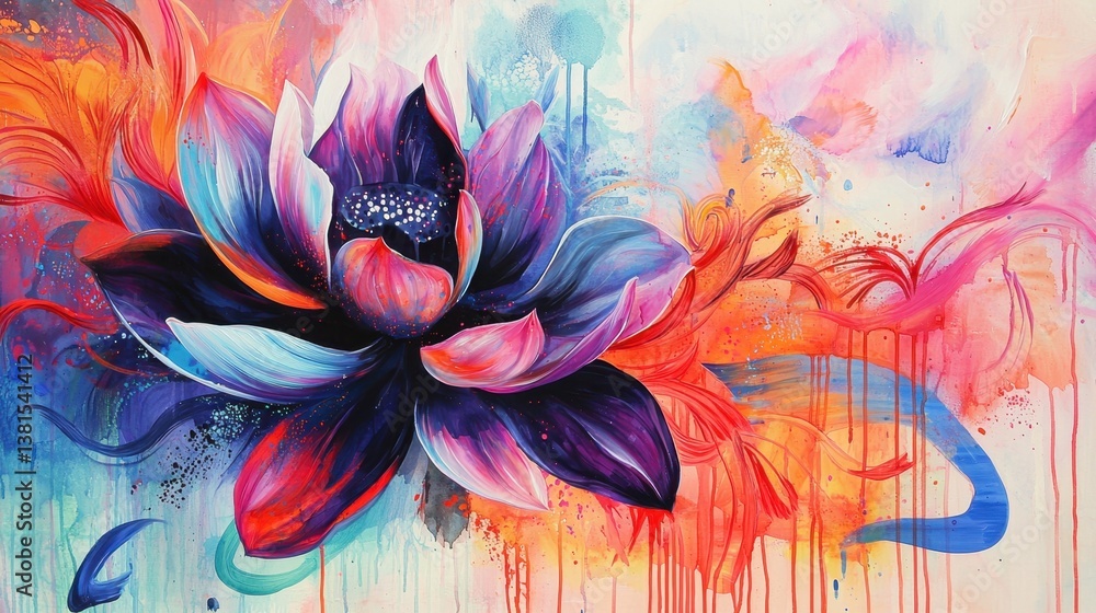 Poster an eye-catching abstract representation of a lotus flower showcases vivid colors and dynamic brush s
