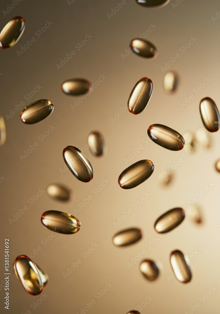 Poster floating golden capsules against a soft gradient background