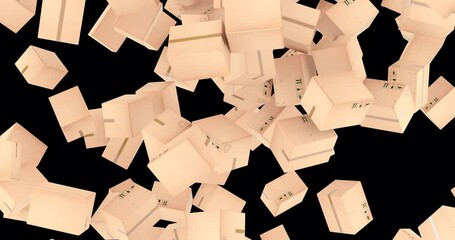 Parcels, cardboard boxes falling down. 3D animation on transparent background