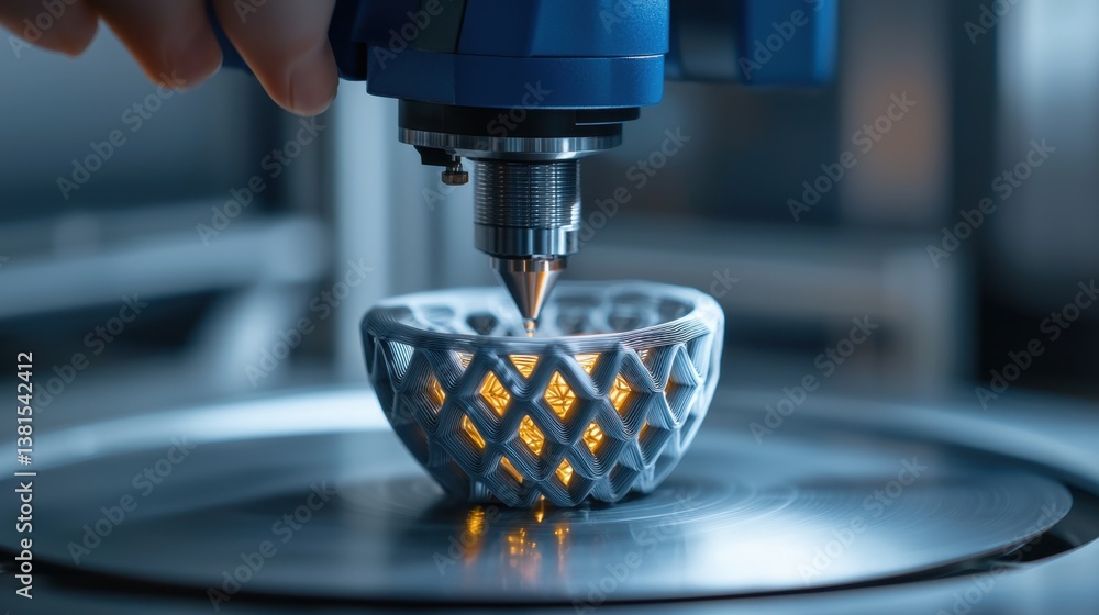 Poster a person operates a 3d printer to craft a detailed design in a workshop setting. the printer nozzle 