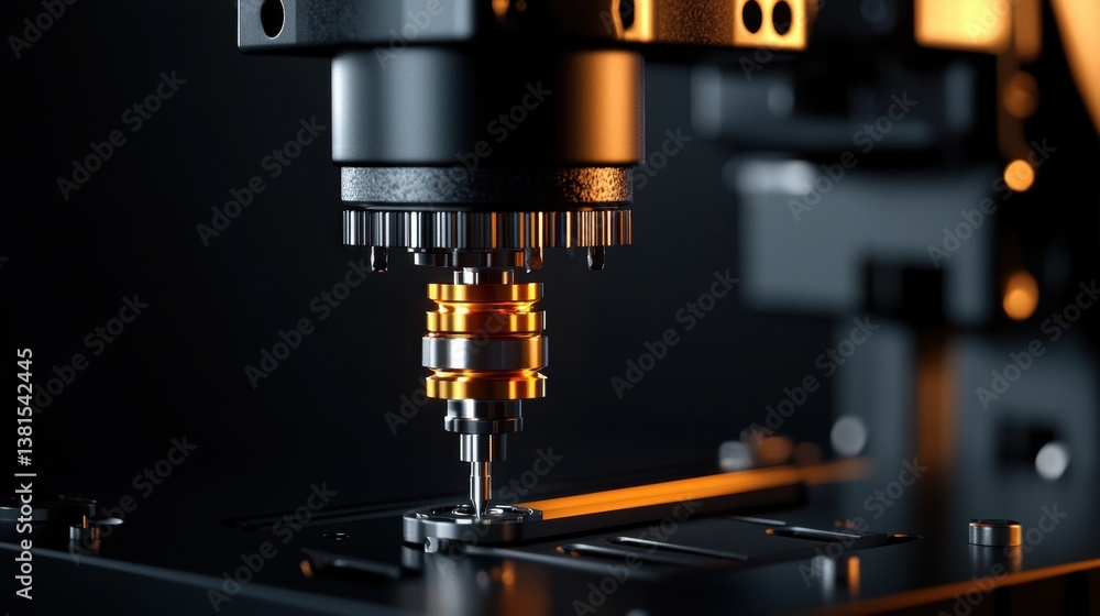 Poster a high-tech machining tool is precisely working on a metal component in a dimly lit workshop. the de