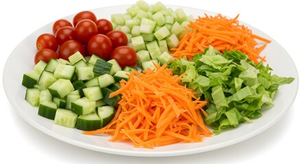 A colorful assortment of chopped vegetables on a white plate, including cucumbers, lettuce, tomatoes, and carrots. Ready to be used!