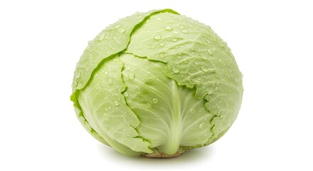 Fototapeta premium Fresh and crisp cabbage, with water droplets glistening on its green leaves, stands out against a clean white background.