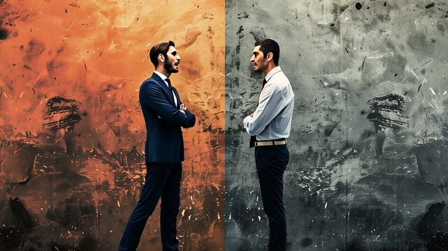 This Two men stand facing each other, embodying tension and misunderstanding in a divided space.