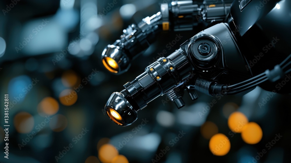 Poster intricately designed robotic hands display advanced technology in a dimly lit workshop, with glowing