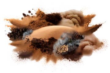 Brown fog or smoke effect isolated on a transparent white background. Smoke explosion special effect. Effective texture of steam, fog, smoke png. Design elements