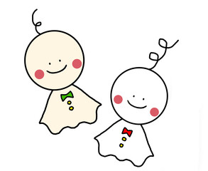2体（クリーム、白）のかわいいてるてる坊主のイラスト
