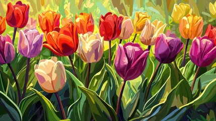 Fototapeta premium A brightly colored garden featuring a variety of tulips showcasing hues of red, yellow, pink, and purple. Sunlight filters through, enhancing the vibrant display during springtime