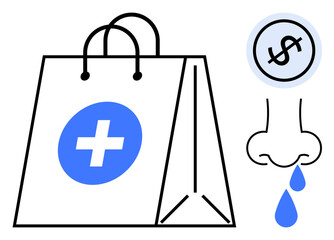 Paper bag with medical cross, nose dripping, and dollar coin highlighting healthcare costs. Ideal for healthcare, medical insurance, pharmacy, medicine cost, sickness, affordability health
