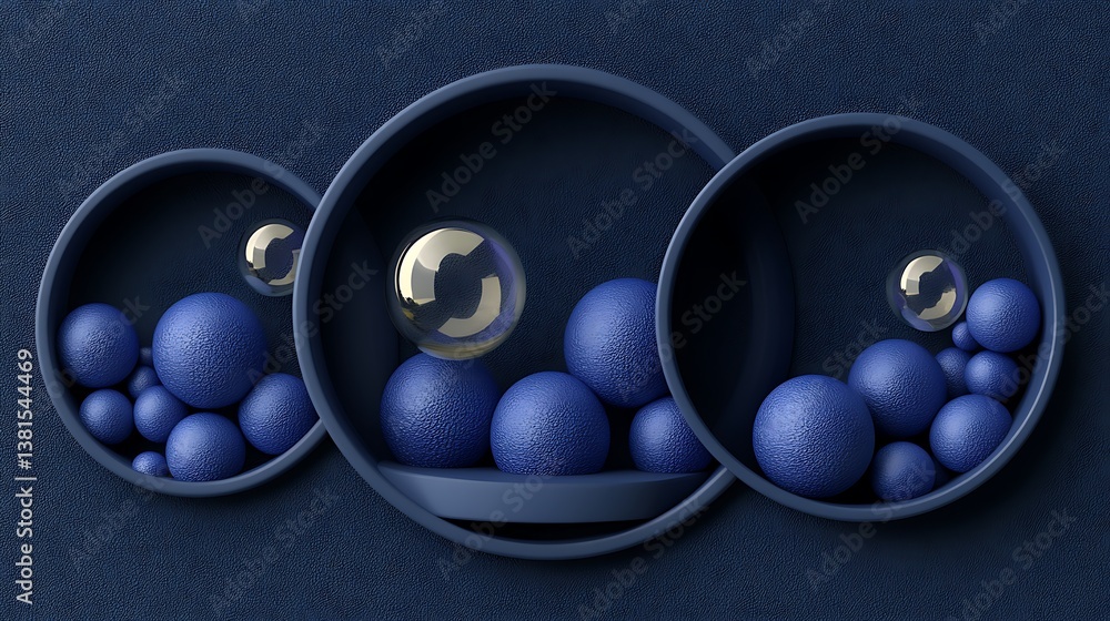 Poster abstract composition features blue spheres within circular shaped structures