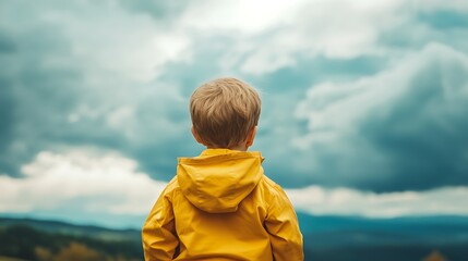 Child peering at sky clouds in bright outdoor setting with joyful creativity  
