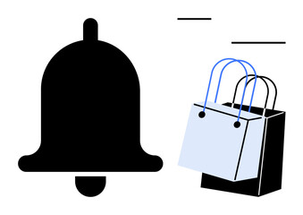 Black notification bell beside blue and black shopping bags with handles. Ideal for online shopping, customer notifications, e-commerce, digital marketing, consumer engagement, retail alerts, sales