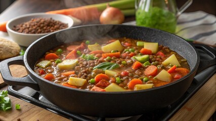 Lentil stew skillet detail, highlighting the rustic and hearty theme.
