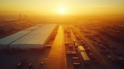 Fototapeta premium Sunrise over warehouse grid, trucks and forklifts move between rows, white rooftops glow in golden light at busy logistics center
