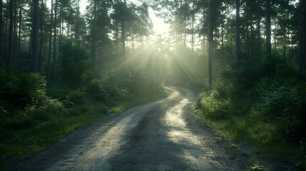 Naklejka premium A forest road curves towards bright sunlight through tall trees