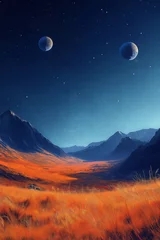 Fotobehang Two moons shining over an alien planet with orange grass and mountains © Andres Mejia