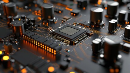 A detailed close-up of a circuit board reveals various electronic components, including chips and capacitors, illuminated by warm orange lighting. This modern technology displays intricate design
