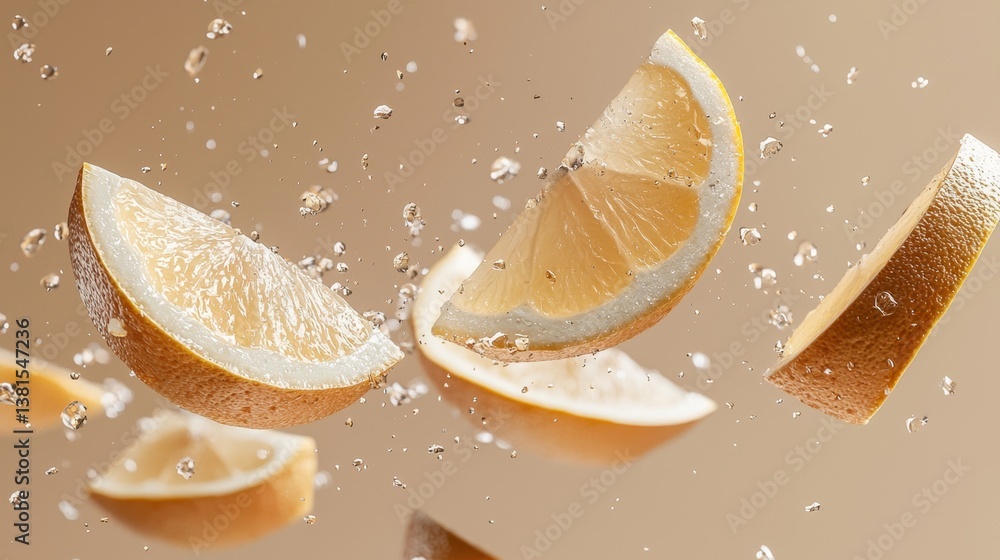 Poster lemon slices hover in the air, creating a lively splash of water droplets against a smooth, neutral 