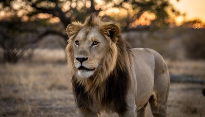 Obraz premium African lion, male, savannah setting, blurred background of an acacia tree, golden sunset light