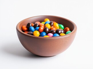 Colorful Chocolate Candies in Wooden Bowl on White Background Dessert Treat