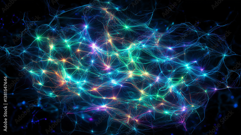 Poster Neural network glowing with connections and synapses transmitting signals in the brain