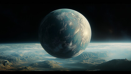Large planet hanging over barren landscape in outer space