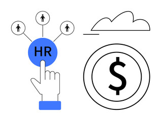 Hand pointing to HR symbol with employee icons connected, dollar sign symbolizing finance, and cloud above. Ideal for recruitment, workforce management, HR systems, payroll, investments, cloud