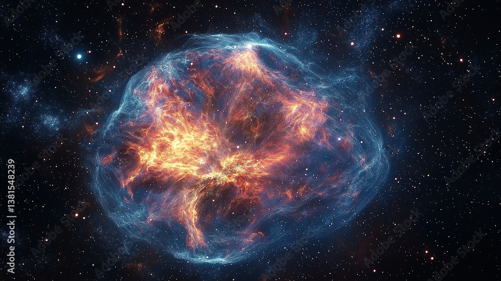 Aufkleber bright orange and blue nebula exploding in the dark universe