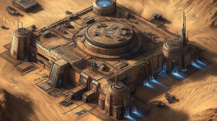 Futuristic desert base powering up in the sand