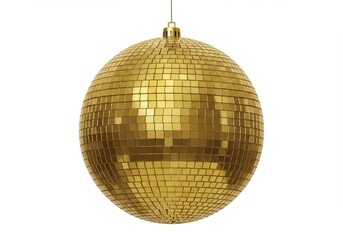 Obraz premium Isolated golden disco ball hanging from a string on a white background in a studio setting