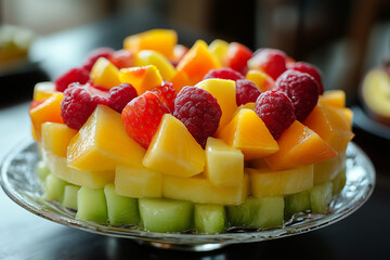 Close-Up of Colorful Fresh Fruit Cake with Berries and Tropical Melon