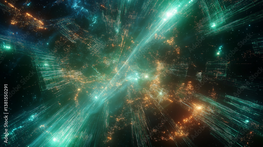 Fototapete Futuristic data flowing through cyberspace with glowing lines and particles
