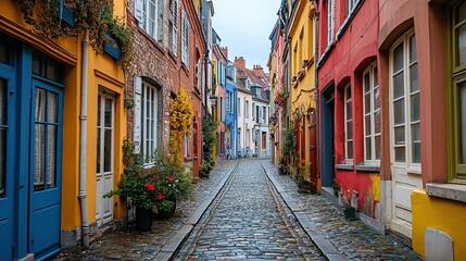 Fototapeta premium Empty Narrow Cobblestone Street in Lille's Historical City Centre with Colorful Old Buildings -