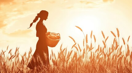 A woman carries bread in a basket through a wheat field