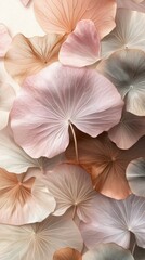 Fototapeta premium Soft, translucent petals in shades of pink, cream, and light grey overlap gracefully. This serene arrangement evokes feelings of calmness and beauty in a gentle natural setting