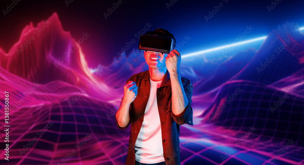 Poster man with casual cloth playing video game while wearing vr headset and standing at abstract backgroun