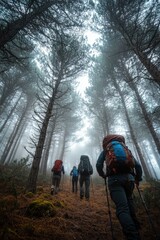 Hikers in a foggy forest. AI.