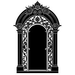 "Ornate door frame design, AI-generated vector, line art & linocut for high-quality print."