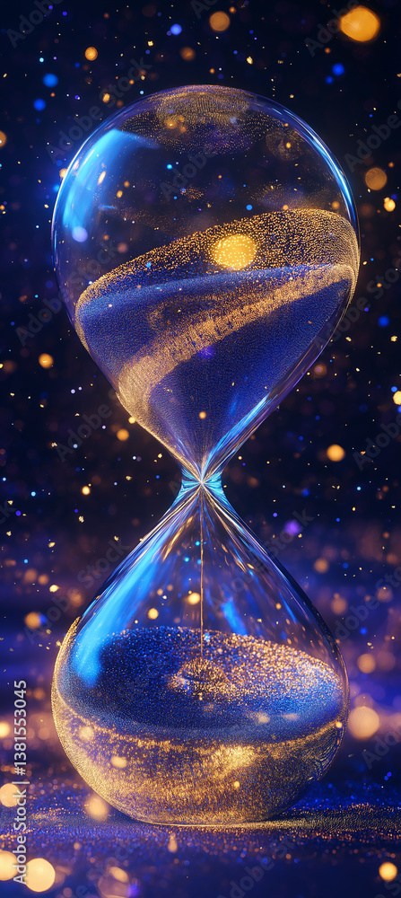 Poster Hourglass measuring time with golden sand falling into dark space and glowing particles