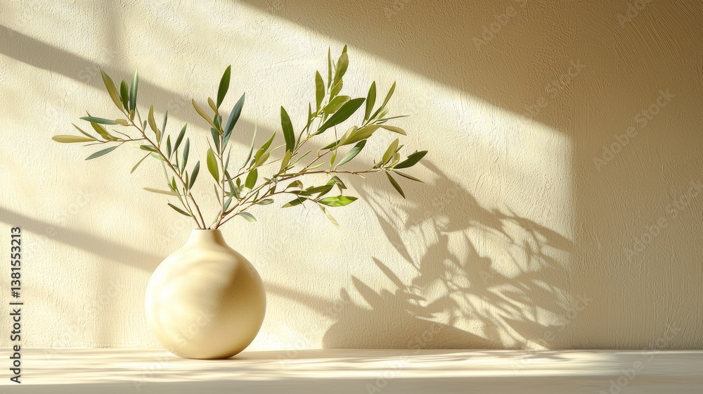 Aufkleber A simple yet elegant vase holds lush green branches, casting intricate shadows on a smooth surface. The warm sunlight enhances the serene atmosphere of the setting